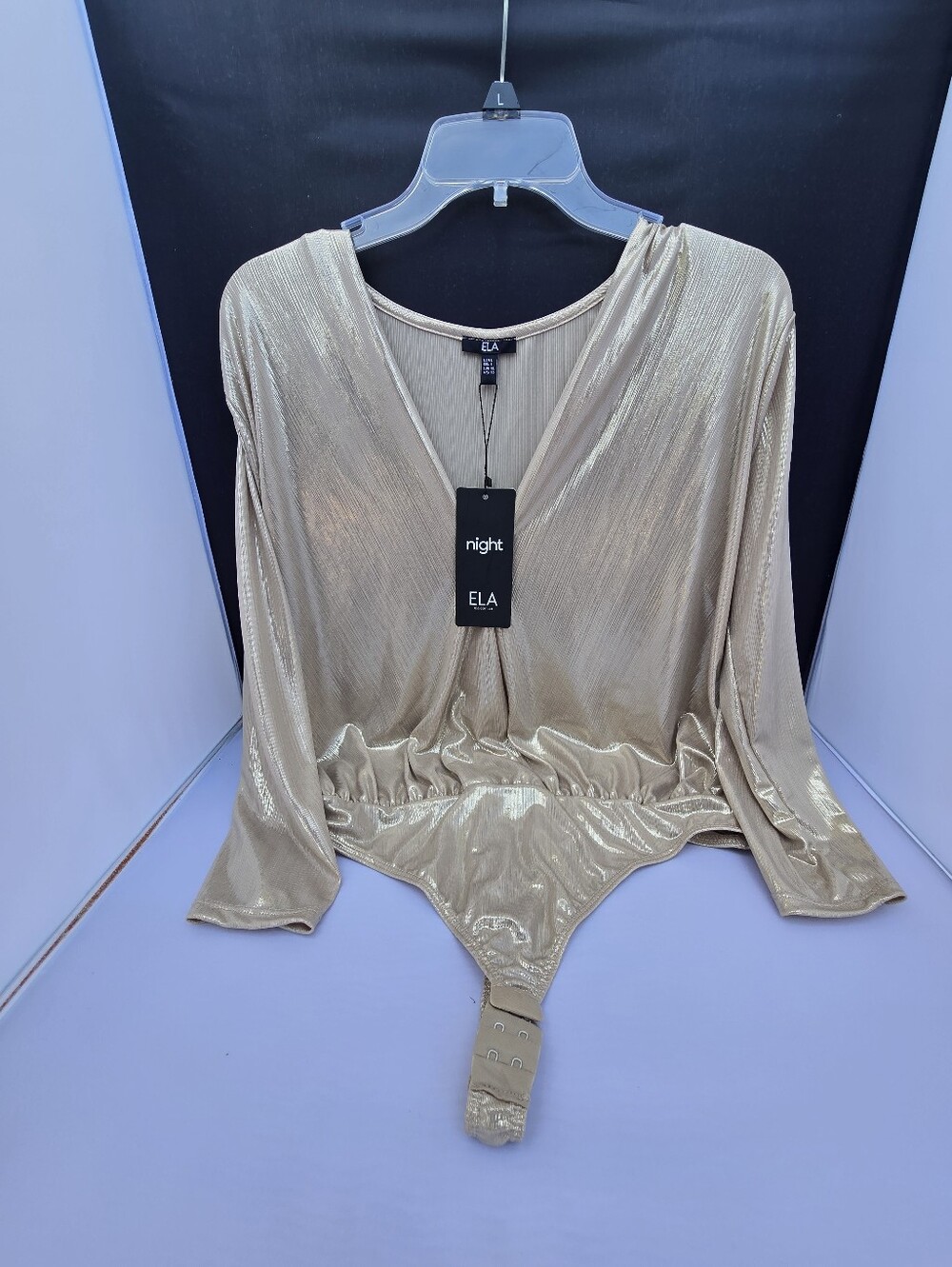ELA Metallic Gold V-Neck Long Sleeve Bodysuit